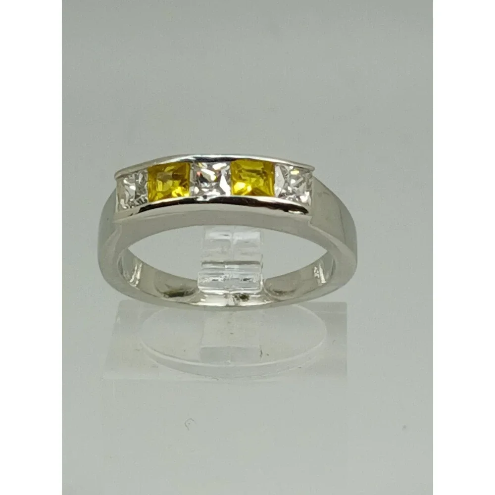 Vintage 90s Silver Tone Yellow Clear Princess Cut Channel Set Band Ring Size‎ 7